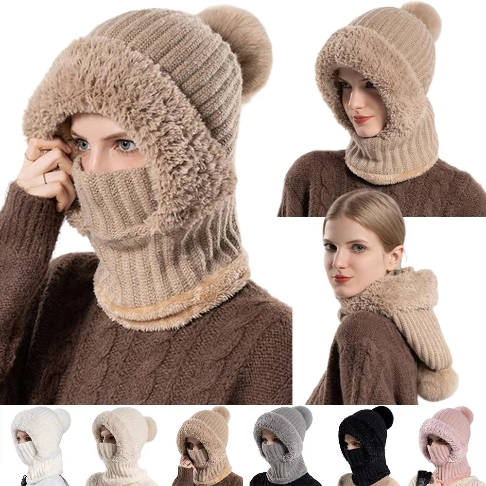 Winter Full Face Cover Hat Scarf Set Women Outdoor Windproof Earflap Skullies Beanies Hats Plush Thicken Warm Balaclava Ski Caps